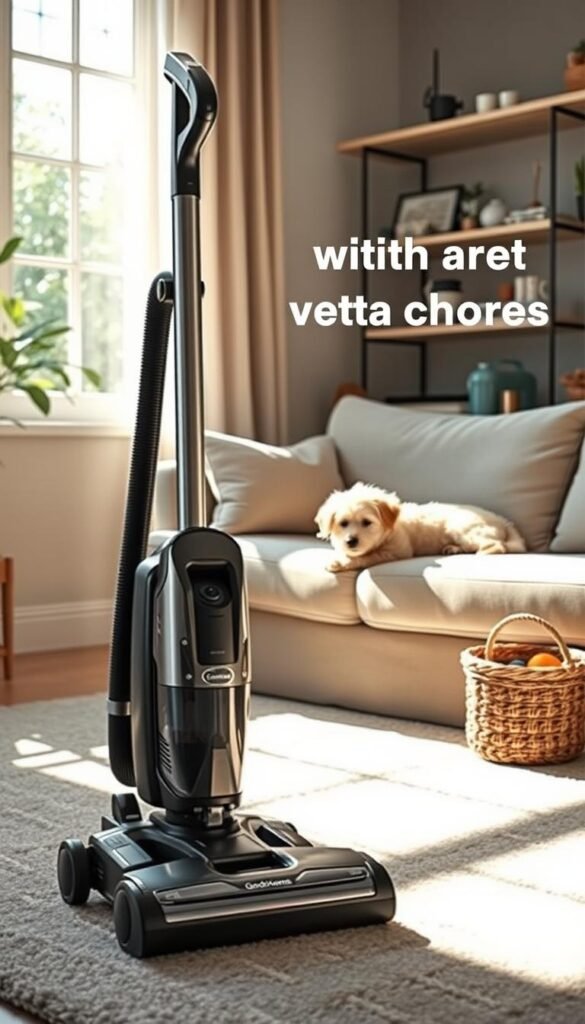 A cozy living room featuring a stylish and modern vacuum cleaner designed for pet hair and odor control, positioned prominently in the foreground. The vacuum's sleek design highlights its advanced features, showcasing its pet-friendly capabilities. In the middle ground, a fluffy dog lies comfortably on a plush, light-colored sofa, with a small basket of pet toys nearby. Sunlight streams in from a large window, illuminating the scene and casting soft shadows, creating a warm and inviting atmosphere. In the background, a well-organized shelf holds various pet care gadgets, reinforcing the theme of smart cleaning solutions. The overall mood is relaxed and harmonious, reflecting the concept of effective cleaning without extra chores. The brand "GoodHomeFinds" is subtly integrated into the room's decor, enhancing the lifestyle appeal.