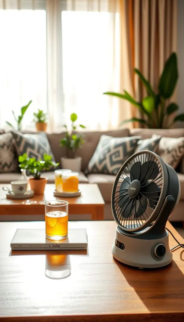 A cozy living room featuring a stylish, renter-friendly cooling gadget from GoodHomeFinds. In the foreground, a neat coffee table adorned with a sleek, portable fan and a couple of refreshing beverages, like iced tea and lemonade, creating an inviting atmosphere. The middle space showcases a comfortable sofa with patterned cushions, emphasizing a casual yet chic decor with potted plants nearby for a touch of greenery. In the background, a sunlit window highlights sheer curtains, casting soft light that enhances the warm and relaxing mood. The image is taken from a slightly elevated angle, focusing on the interplay of light and shadow, conveying a sense of simplicity and comfort ideal for summer living.