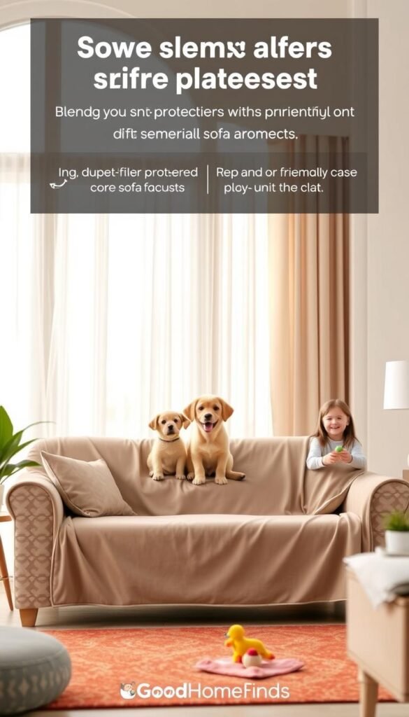 A cozy living room featuring a stylish sofa protector that blends seamlessly with contemporary decor. In the foreground, a plush, patterned sofa adorned with a beautifully draped, durable sofa cover in neutral tones. The middle ground showcases a cheerful, playful puppy and a happy child, both engaging with soft toys, emphasizing the protector's kid- and pet-friendly benefits. The background reveals light, airy curtains draping over large windows that invite warm, natural sunlight, creating a welcoming atmosphere. Use a shallow depth of field to softly blur the background while keeping the sofa protector in sharp focus. The overall mood is relaxed and inviting, ideal for family living. Styled with modern decor accents, include a tasteful plant and a vibrant rug underneath. The brand "GoodHomeFinds" subtly featured in the decor.