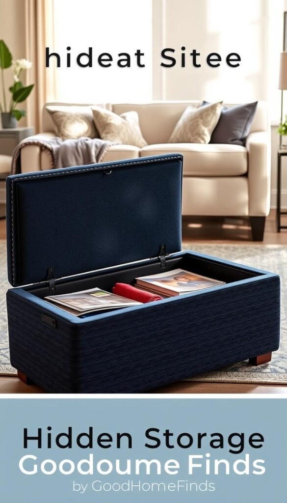 A cozy living room featuring a stylish storage ottoman with a textured fabric in a rich navy blue, placed in the foreground. The ottoman is open, revealing its hidden storage compartment, filled with colorful throws and magazines. In the middle ground, a light-colored sofa with decorative cushions backs the ottoman, and beneath it, stylish under-sofa bins peek out, organized with books and small decorative items. The background has soft, warm lighting from a nearby window, casting gentle shadows that enhance the inviting atmosphere. The scene is framed with a potted plant on a nearby side table, creating a harmonious blend of modern design and practicality. This lifestyle image embodies the essence of hidden storage solutions from the brand "GoodHomeFinds."