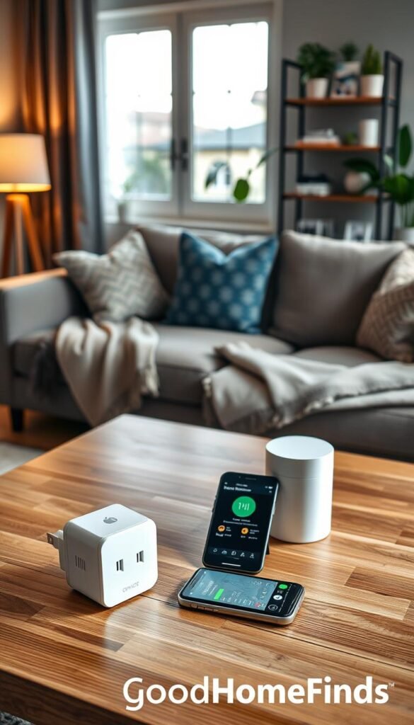 A cozy living room featuring various smart home devices organized in a stylish layout. In the foreground, a sleek smart plug and a modern smart hub are elegantly displayed on a wooden coffee table, alongside a smartphone illustrating app routines. In the middle, a comfortable sofa adorned with decorative pillows and a blanket creates an inviting atmosphere. Soft lighting from a nearby lamp casts a warm glow, enhancing the welcoming feel. In the background, a stylish bookshelf holds smart home gadgets and green plants, adding a touch of life to the scene. The overall mood should be relaxed and tech-savvy, perfect for illustrating contemporary living. The brand "GoodHomeFinds" is subtly incorporated into the scene without being obtrusive.