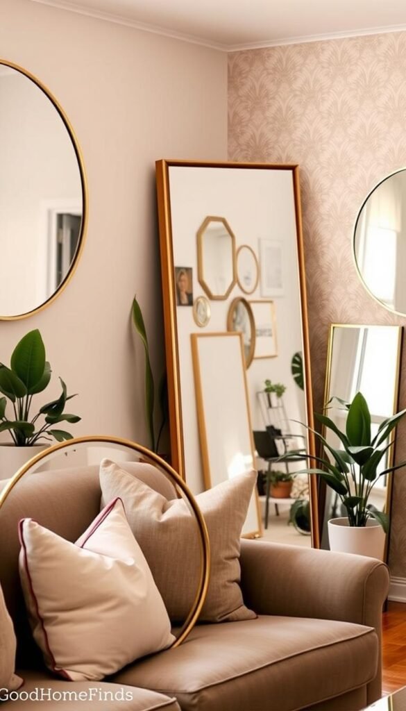 A cozy living room featuring various stylish mirrors that enhance the perception of space. In the foreground, a round, gold-framed mirror reflects a comfortable, minimalist sofa adorned with decorative pillows. In the middle, a large, rectangular mirror leans against the wall, reflecting soft natural light from a nearby window, surrounded by potted plants and tasteful wall decor. In the background, a subtle and airy wallpaper adds texture, enhancing the feeling of openness. The lighting is warm and inviting, creating a serene atmosphere. This scene captures the essence of clever decor solutions in small spaces, showcasing elegant mirrors that are both functional and decorative. Perfect for a Pinterest-style lifestyle photo, attributed to GoodHomeFinds.