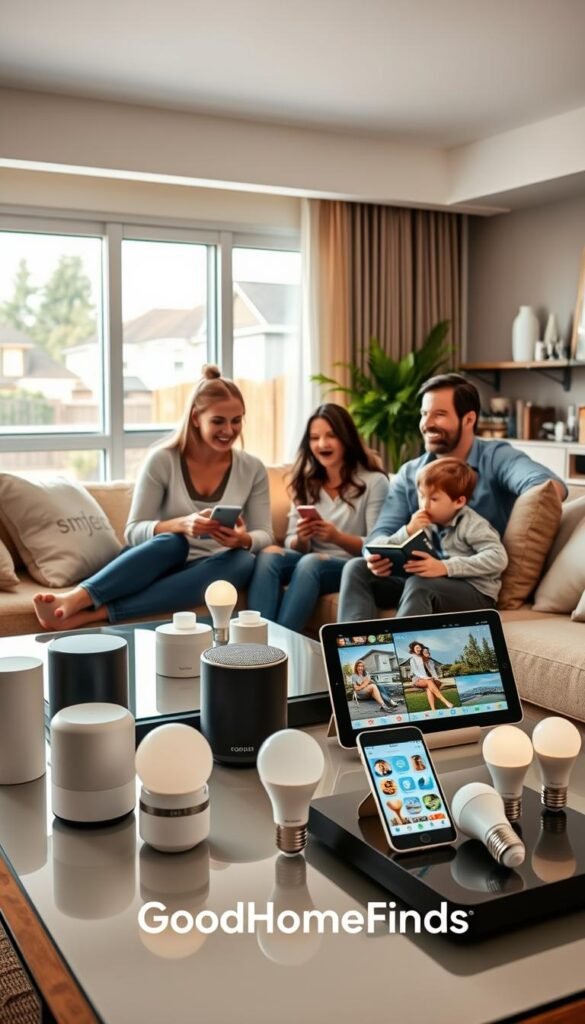 A cozy living room filled with various smart home gadgets displayed prominently on sleek, modern furniture. In the foreground, a family of four&mdash;mom, dad, a teenage girl, and a young boy&mdash;are engaged in a fun activity, demonstrating the ease of using their smart home technology. They are dressed in casual, comfortable clothing. The middle ground features smart speakers, smart light bulbs, and a tablet showing a home automation app, all designed to suggest simplicity and accessibility. The background includes a soft-lit window with a view of a suburban neighborhood, enhancing a warm, inviting atmosphere. The overall lighting is soft and natural, reminiscent of a bright afternoon, creating a sense of harmony and modern living. The brand "GoodHomeFinds" is subtly incorporated into the d&eacute;cor, blending seamlessly with the ambiance.