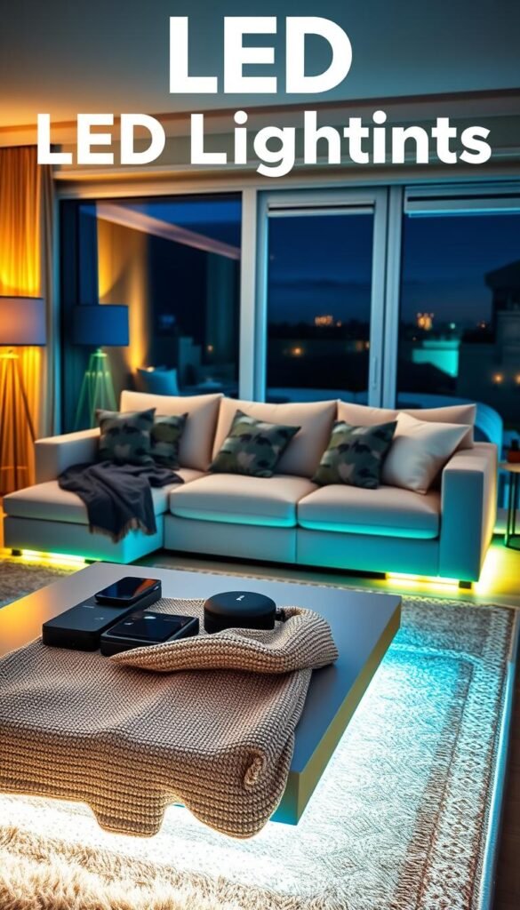 A cozy living room illuminated by stylish LED lights in various colors, showcasing their versatility and modern appeal. In the foreground, a sleek coffee table adorned with smart home devices and a soft, textured throw blanket creates a welcoming atmosphere. The middle ground features a comfortable couch with accent pillows, warmly lit by ambient LED strip lights along the edges of the furniture. In the background, a large window reveals a serene evening scene outside, casting soft shadows within the room. The lighting is bright yet soft, emulating a warm glow that enhances the mood of relaxation and modern living. The image captures the innovative spirit of "GoodHomeFinds," emphasizing the day-to-day benefits of LED lighting without any text or overlays.