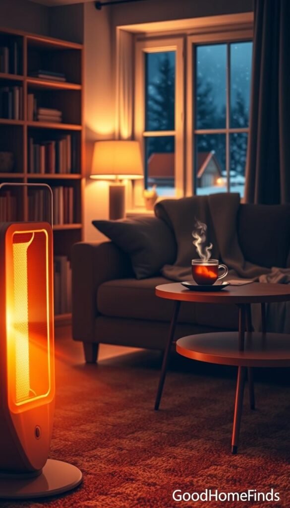 A cozy living room scene at night, illuminated by the warm glow of a sleek, modern space heater placed in the foreground. In the middle, a comfortable couch draped with a soft blanket and a side table with a steaming cup of herbal tea, conveying warmth and relaxation. The background features softly lit bookshelves and a gentle fall of snow visible through a window, suggesting a cold winter night outside. The overall atmosphere is inviting and serene, emphasizing comfort and energy efficiency. Soft shadows cast by the heater create a warm ambiance. Shot from a slightly elevated angle, using a wide-angle lens to capture the inviting space without any people present. This lifestyle photo embodies the essence of smart heating solutions, branded with &ldquo;GoodHomeFinds&rdquo;.