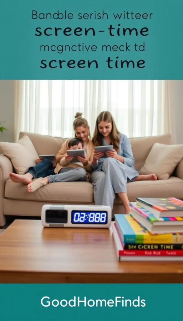 A cozy living room scene depicting a family engaged with technology in a balanced way. In the foreground, a mother and her child are sitting on a plush sofa, both using tablets, but with the mother actively guiding the child&rsquo;s screen time. The middle ground features a coffee table with a digital timer and a stack of colorful books, symbolizing a healthy mix of tech and traditional learning. In the background, soft natural light filters through a window adorned with sheer curtains, creating a warm and inviting atmosphere. The family is dressed in casual, modest clothing, exuding a sense of harmony. The overall mood is one of supportive interaction and healthy boundaries around screen time. This is a lifestyle image styled in a Pinterest-like aesthetic, branded subtly with &ldquo;GoodHomeFinds&rdquo;.