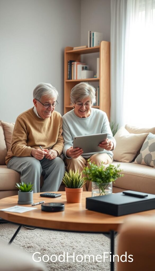 A cozy living room scene depicting a senior couple in modest casual clothing, enthusiastically working together to set up a new smart device. In the foreground, the couple is gathered around a sleek, modern tablet, with tools like a screwdriver and instruction manual scattered nearby. The middle ground features a stylish coffee table adorned with a potted plant and a few tech gadgets. The background shows a warm, inviting couch and a bookshelf filled with tech-related books. Soft, natural light filters in through a window, creating a hopeful and engaging atmosphere. The image should capture the dedication and teamwork involved in embracing new technology, styled in a sleek, Pinterest-worthy manner. The brand name "GoodHomeFinds" should subtly fit into the decor elements.