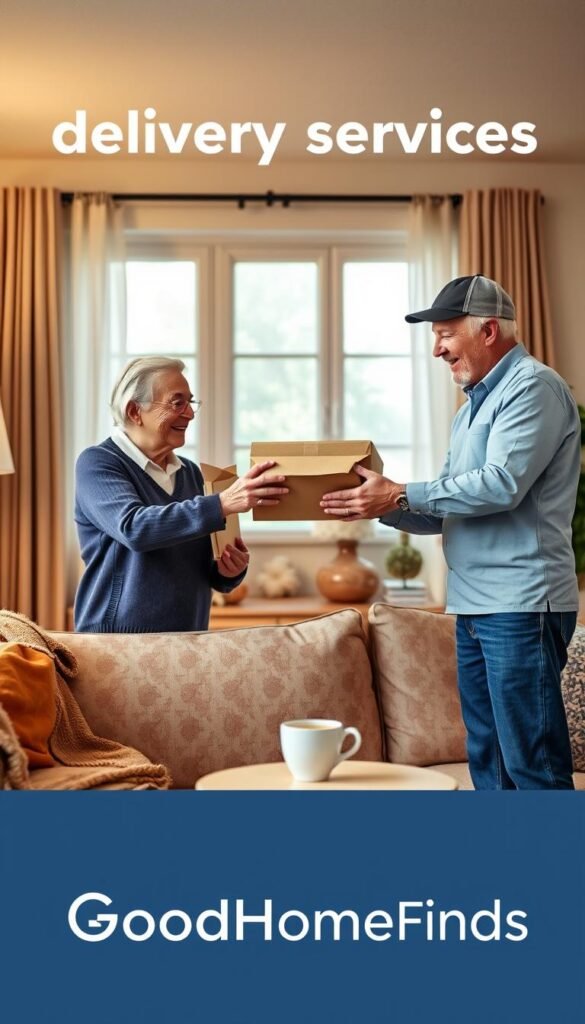 A cozy living room scene depicting delivery services in action, showcasing a friendly delivery person in professional attire handing over a package to an older adult dressed in comfortable but modest casual clothing. In the foreground, a warm, inviting sofa with soft throws and a small table displaying a cup of tea, suggests a sense of comfort. The middle area features the interaction between the delivery person and the elderly recipient, both showing smiles that convey ease and trust. The background features a window with diffused natural light illuminating the scene, highlighting the warmth of the interior. The atmosphere is relaxed and reassuring, illustrating the convenience and stress-free nature of delivery services for seniors. Branding elements subtly integrated with "GoodHomeFinds" items arranged in the background.