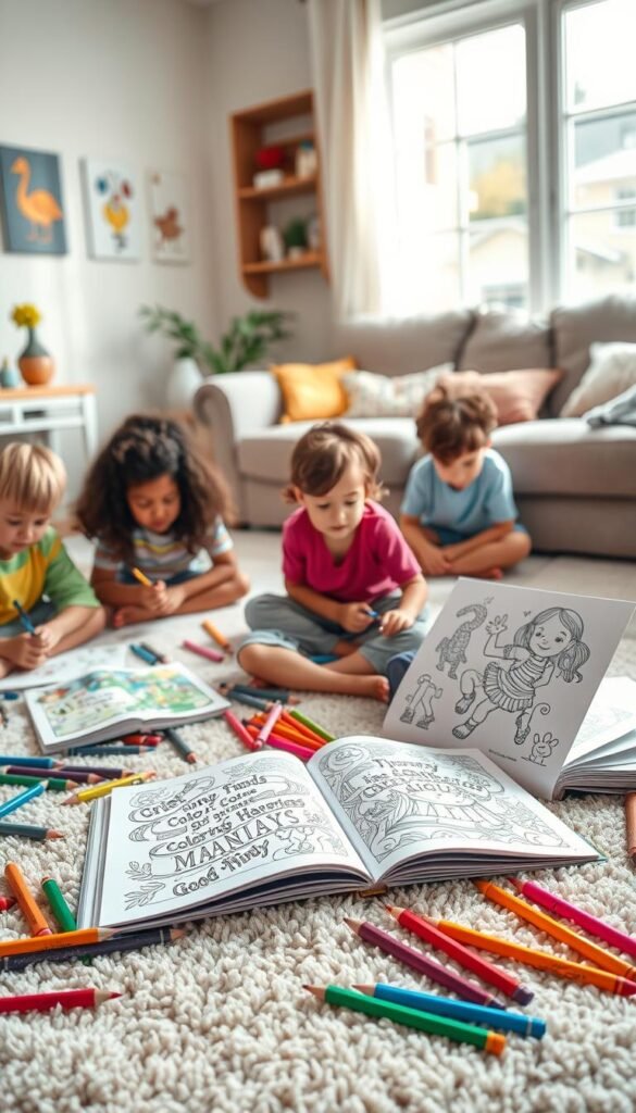 A cozy living room scene featuring a colorful array of jumbo coloring and activity books spread across a plush, light-colored carpet. In the foreground, children of diverse backgrounds are sitting on the floor, focused on coloring with vibrant crayons, their expressions joyful and engaged. The middle ground showcases an open book with intricate designs, surrounded by scattered colored pencils and crayons. Soft, natural lighting filters in through a nearby window, highlighting the warm atmosphere. In the background, a family-friendly decor includes a comfy sofa and cheerful, playful artwork on the walls. The brand name "GoodHomeFinds" subtly incorporated into an illustration on one of the open coloring pages, emphasizing the excitement of quiet time activities for families. Realistic and inviting, the image radiates a sense of creativity and contentment.