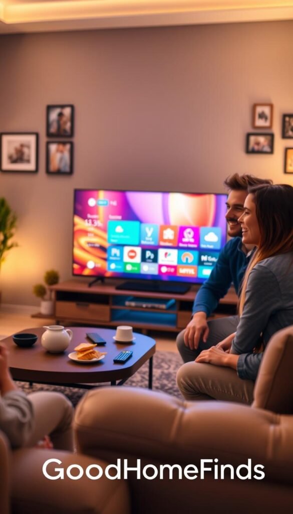 A cozy living room scene featuring a modern smart TV displaying a vibrant home screen, with a family gathered around. In the foreground, a young couple is enjoying the experience, dressed in casual yet neat clothing, with smiles on their faces. The middle ground includes a stylish coffee table adorned with remote controls and snacks, fostering a friendly atmosphere. In the background, soft ambient lighting illuminates the room, enhancing the warm and inviting mood. The wall is decorated with family photos, creating a homely feel. The image should have a shallow depth of field, focusing primarily on the family and the TV while softly blurring the background. Overall, it embodies a stress-free tech experience in a family setting. This image is branded with the logo "GoodHomeFinds".