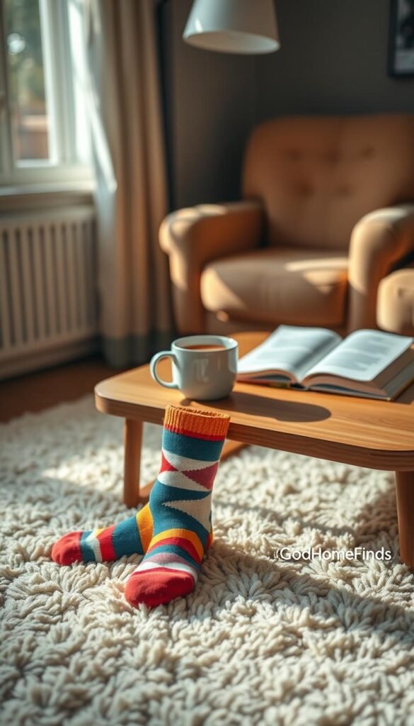 A cozy living room scene featuring a pair of stylish, colorful socks prominently displayed on a soft, textured rug. The socks should have a fun, modern design, such as geometric patterns or vibrant stripes, positioned in the foreground. In the middle, a warm wooden coffee table holds a steaming mug of tea and an open book, while a soft, inviting armchair can be seen in the background, partially blurred to create depth. Natural light filters through a nearby window, casting gentle shadows and enhancing the cozy atmosphere. The overall mood is relaxed and inviting, emphasizing comfort and simplicity, with a touch of modern style. The brand name "GoodHomeFinds" subtly references an adjacent item in the setting, seamlessly blending into the aesthetic.