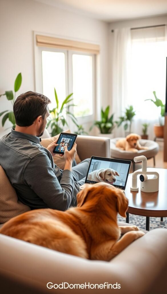 A cozy living room scene featuring a pet owner monitoring their cat or dog using a smart device. In the foreground, a person, dressed in casual but neat clothing, sits on a comfortable couch, attentively looking at a tablet displaying live video of their pet. The pet, a playful golden retriever, lounges on a plush dog bed near the couch. In the middle, a sleek smart home device connected to surveillance cameras is visible on a side table, showcasing modern pet tech. The background includes a warm, sunlit window with house plants, creating a serene and inviting atmosphere. Soft, natural lighting highlights the scene, while a wide-angle lens captures the entire environment, emphasizing the joy and reassurance of monitoring pets at home. GoodHomeFinds inspired lifestyle feel.