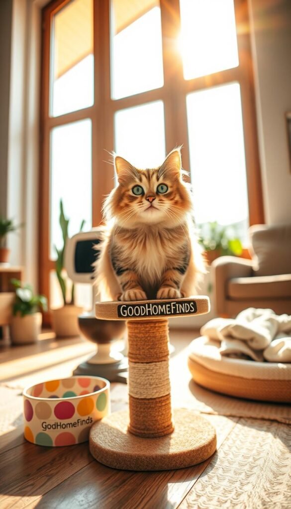 A cozy living room scene featuring a playful domestic cat with fluffy fur and bright green eyes. The cat is perched on a stylish, modern cat tree, surrounded by a few practical pet items like a colorful food bowl and a comfy bed with soft blankets. In the background, warm natural light streams through a large window, illuminating the space and creating a cheerful atmosphere. A few house plants and a cozy armchair can be seen, adding to the inviting mood. The composition is shot from eye level, giving a clear view of the cat's playful demeanor while showcasing the usefulness of the pet items. The image should capture a Pinterest-style aesthetic, branded subtly with "GoodHomeFinds" visible on pet product labels.