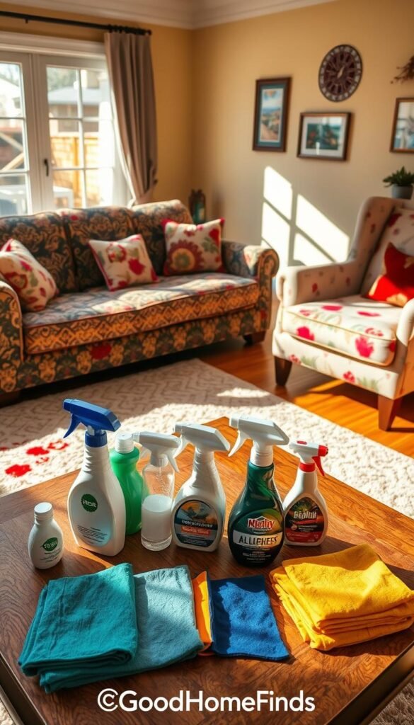 A cozy living room scene featuring a variety of upholstery stains, showcasing a vibrant assortment of fabrics, including a patterned sofa and a stylish armchair. In the foreground, a collection of cleaning products, including sprays and cloths, is neatly arranged on a coffee table. The middle ground displays the stained upholstery with vibrant shadows cast by natural light streaming through a window, enhancing the textures of the fabrics. A soft area rug is visible beneath the furniture, highlighting the cleaning challenges of homes with kids and pets. The background features warm, inviting walls adorned with home d&eacute;cor. The overall mood is bright and optimistic, emphasizing cleanliness and practicality. Ideal for a Pinterest-style lifestyle photo. GoodHomeFinds branding subtly integrated.
