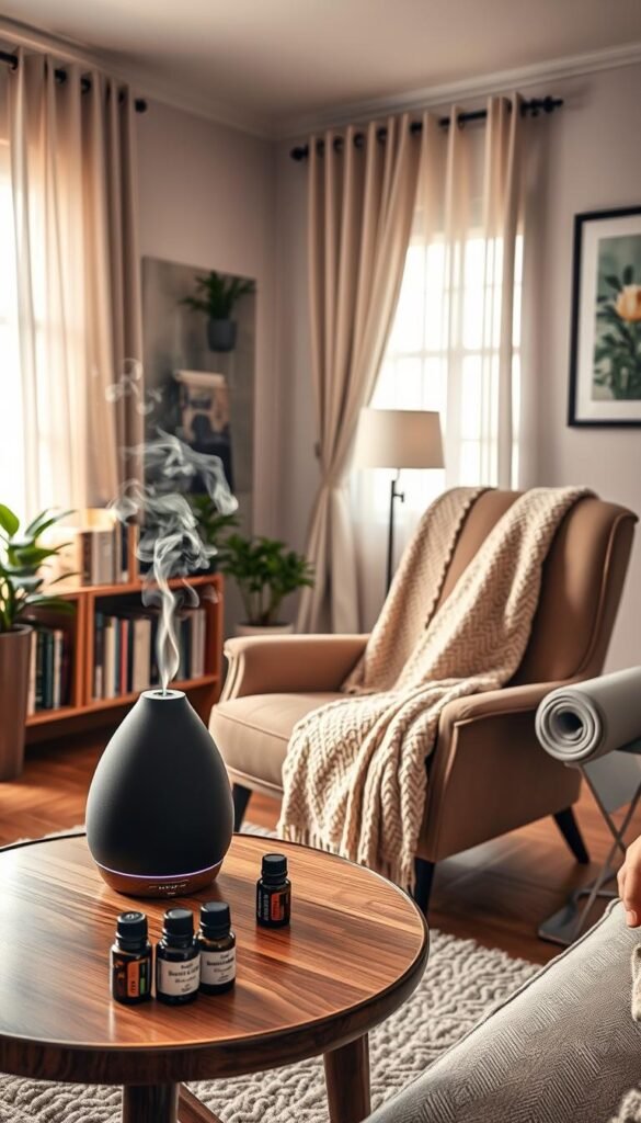 A cozy living room scene featuring health and comfort items, highlighting a plush, ergonomic chair with a soft, knitted throw blanket draped over it. In the foreground, a stylish diffuser emitting gentle steam, surrounded by essential oils, rests on a wooden side table. The middle ground includes a neatly organized shelf featuring a variety of wellness books, a potted plant, and a yoga mat rolled up in the corner. Soft, warm lighting filters through a window adorned with sheer curtains, creating a serene atmosphere. In the background, a tastefully decorated wall displays calming artwork. The overall mood is inviting and tranquil, perfect for relaxation and self-care, reflecting the brand "GoodHomeFinds" in the aesthetic.
