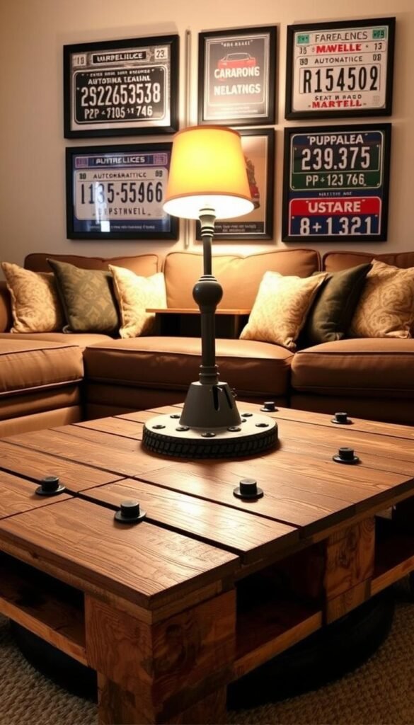 A cozy living room scene featuring unique car-part d&eacute;cor that seamlessly blends functionality and style. In the foreground, a rugged coffee table crafted from reclaimed wooden pallets and adorned with black metal accents resembles a car tire. On the middle shelf, a vintage gear shift lever stands as a rustic lamp, casting warm, inviting light. The background displays an accent wall with framed art made from automotive blueprints and license plates, giving a nod to automotive enthusiasm. The lighting is soft and warm, creating an inviting, homey atmosphere, while the angle emphasizes depth and perspective, drawing the viewer's eye toward the exquisite details. The overall mood is creative and resourceful, showcasing decor ideas that are affordable yet elegant. GoodHomeFinds.