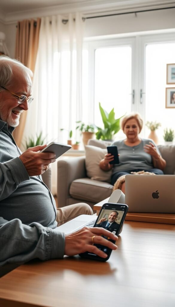 A cozy living room scene filled with natural light, showcasing an elderly couple engaging with smart technology. In the foreground, a smiling senior man in modest casual clothing is using a tablet, while a senior woman, dressed in comfortable attire, demonstrates a voice-activated smart speaker. In the middle, a well-kept coffee table has a laptop open, and a smartphone with a video call interface is visible, emphasizing connectivity. The background features a window with soft, illuminating sunlight filtering through sheer curtains, indoor plants, and framed family photos, creating a warm and inviting atmosphere. Capture a Pinterest-style, lifestyle aesthetic that radiates independence and the positive impact of technology on seniors. GoodHomeFinds.