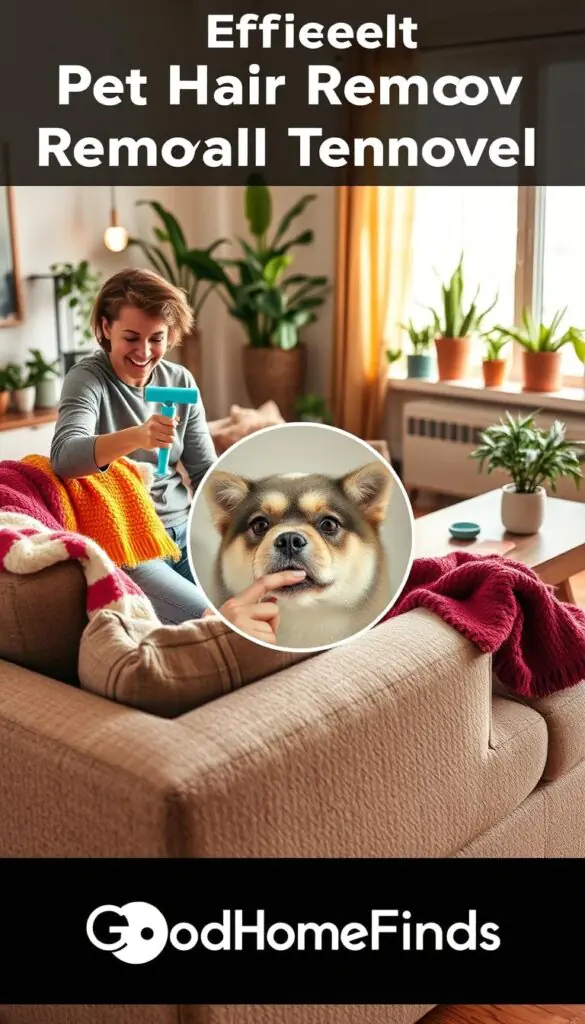 A cozy living room scene highlighting efficient pet hair removal techniques. In the foreground, a person wearing casual, comfortable clothing uses a lint roller on a plush sofa covered in colorful throw blankets. The middle section features a close-up of the roller picking up pet hair, with a satisfied look on the person's face. The background displays a well-decorated space with a coffee table, indoor plants, and a window letting in warm, natural light, creating a welcoming atmosphere. The overall mood is relaxed and inviting, emphasizing the ease of cleaning. The image should reflect a Pinterest-style lifestyle, showcasing the brand name "GoodHomeFinds" subtly integrated within the decor elements.
