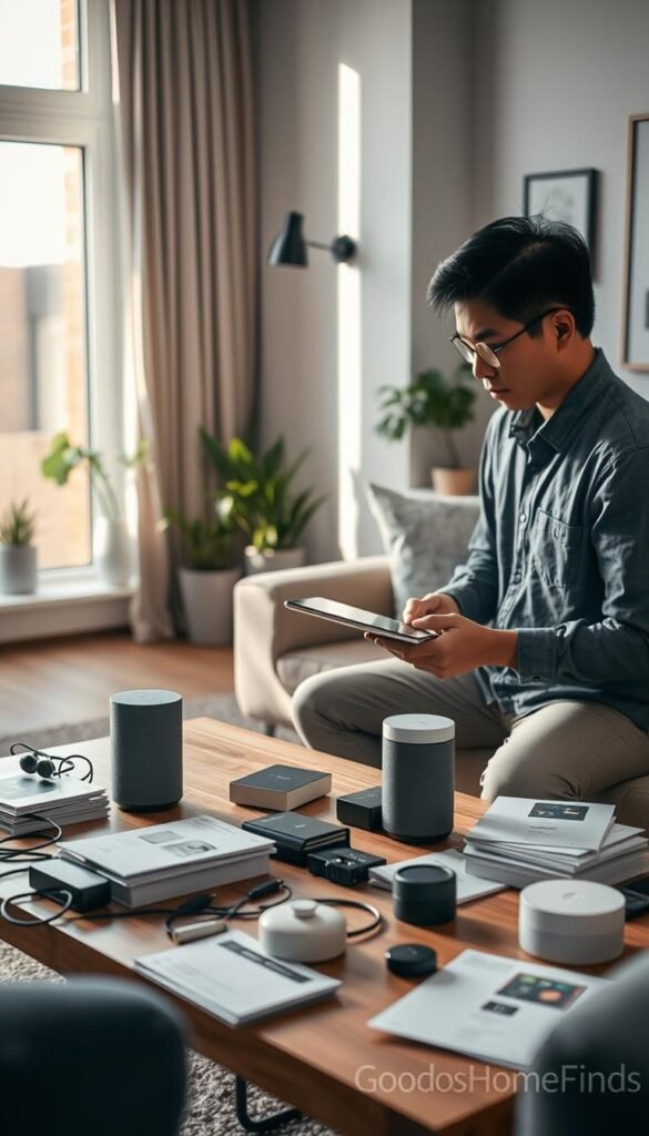 A cozy living room scene, showcasing a beginner setting up a smart home device. In the foreground, a person of Asian descent in casual, professional clothing, attentively examining a sleek smart speaker while holding a tablet. The middle ground features a stylish coffee table cluttered with user manuals, cables, and smart home gadgets. In the background, soft natural light streams in through a large window, illuminating a stylishly decorated room with modern furniture and potted plants, creating a warm, inviting atmosphere. The overall mood is focused yet relaxed, emphasizing the learning process of technology setup. Realistic Pinterest-style lifestyle photography aesthetics, showcasing the brand "GoodHomeFinds."