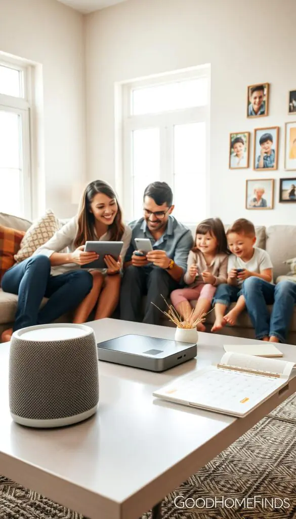 A cozy living room scene, showcasing a family surrounded by technology that enhances their daily lives. In the foreground, a smiling mother and father, dressed in modest casual clothing, assist their curious children with a tablet, demonstrating tech skills. The middle ground features a sleek, modern coffee table with gadgets like a smart speaker and an interactive digital family calendar. The background reveals bright, natural light streaming through large windows, illuminating cheerful family photos on the walls. The atmosphere is warm and inviting, filled with laughter and connection. Shot with a soft focus lens to enhance intimacy, create a Pinterest-style lifestyle vibe for "GoodHomeFinds".
