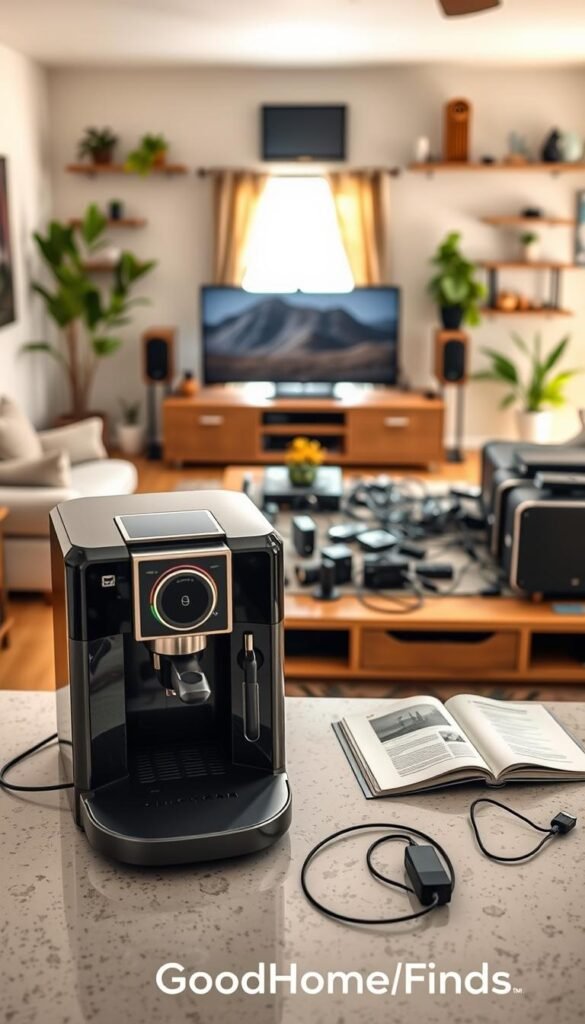 A cozy living room scene showcasing a variety of gadgets in two distinct setups. In the foreground, a sleek, modern kitchen gadget, like an espresso machine, prominently displays in a stylish countertop setting; it has a simple user interface and appears ready to use. Next to it, a more complicated home theater system sprawls across a large entertainment center, with tangled cables and a manual open, suggesting a lengthy setup process. The middle ground features a light-drenched window, adding warmth and a sense of home. In the background, soft-focus plants and decorative shelves create a relaxed atmosphere. The image is lit with soft, natural light, capturing a Pinterest-style aesthetic. The brand name "GoodHomeFinds" is subtly integrated into the scene, enhancing the lifestyle feel without overpowering the visuals.