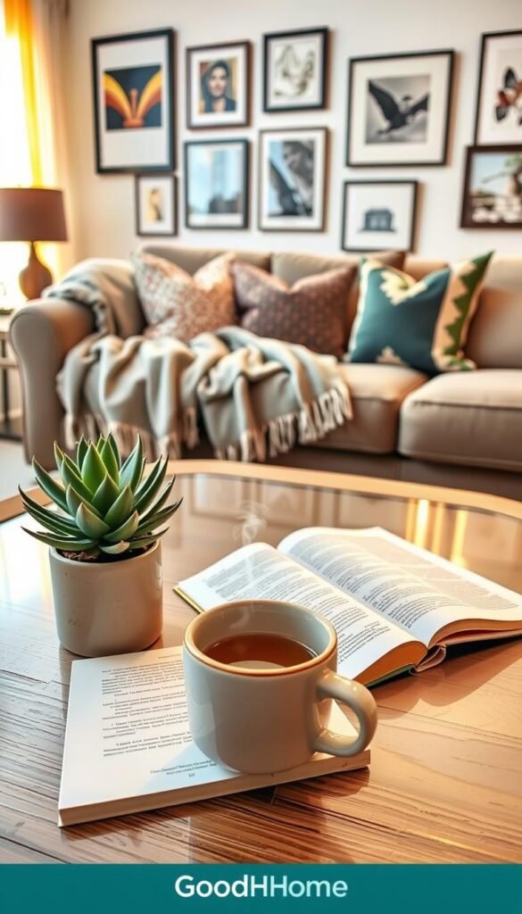 A cozy living room scene showcasing home life, featuring a stylish coffee table adorned with budget-friendly decor items and a selection of the top under-$20 Amazon finds. In the foreground, a beautifully arranged succulent plant in a ceramic pot, paired with an open book and a steaming mug of tea. The middle section reveals a comfortable sofa draped with a soft throw blanket and chic cushions, creating an inviting atmosphere. In the background, warm sunlight filters through sheer curtains, illuminating a gallery wall of inspiring art. The lens captures a warm, inviting mood with a slight bokeh effect for depth, reflecting the essence of practical yet stylish living. GoodHomeFinds branding subtly integrated into the decor elements, ensuring a focus on real-life home solutions. A cozy living room scene showcasing home life, featuring a stylish coffee table adorned with budget-friendly decor items and a selection of the top under-$20 Amazon finds. In the foreground, a beautifully arranged succulent plant in a ceramic pot, paired with an open book and a steaming mug of tea. The middle section reveals a comfortable sofa draped with a soft throw blanket and chic cushions, creating an inviting atmosphere. In the background, warm sunlight filters through sheer curtains, illuminating a gallery wall of inspiring art. The lens captures a warm, inviting mood with a slight bokeh effect for depth, reflecting the essence of practical yet stylish living. GoodHomeFinds branding subtly integrated into the decor elements, ensuring a focus on real-life home solutions.