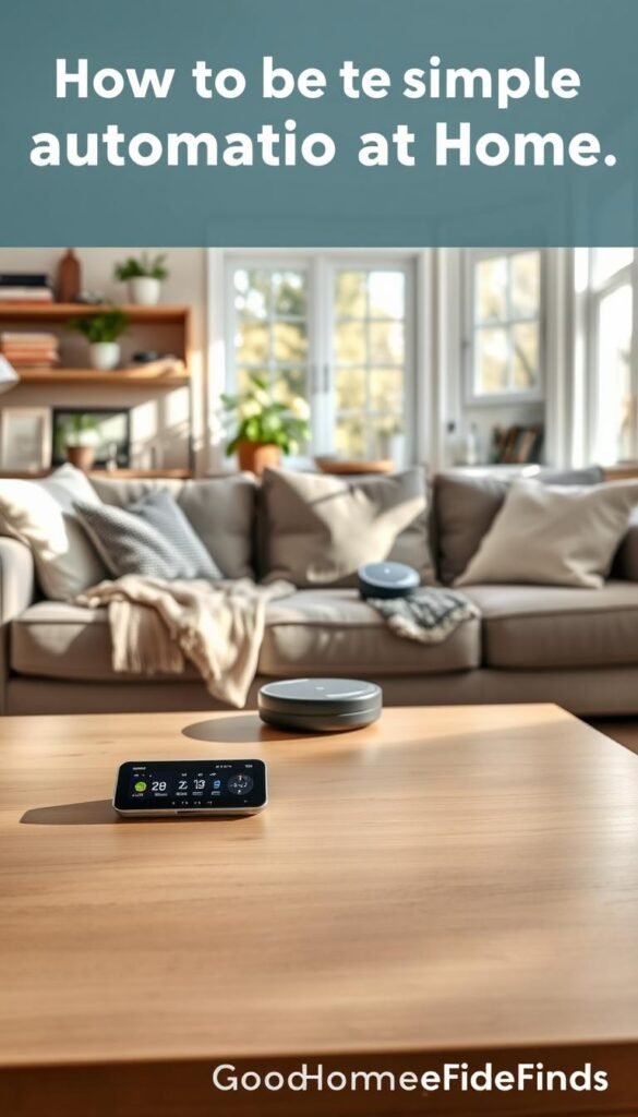 A cozy living room scene showcasing the benefits of simple automation at home. In the foreground, a sleek coffee table with a smart home hub displaying lights and thermostat controls. A well-organized shelf with potted plants, books, and a small, automated vacuum cleaner subtly shown. In the middle, a comfortable sofa featuring soft cushions and a throw blanket, with a large bay window allowing natural light to stream in, creating a warm atmosphere. The background reveals a sunny kitchen with smart appliances like a robotic assistant preparing breakfast. Soft lighting enhances the inviting feel, while a distinct focus on everyday convenience and efficiency reflects modern living. The image embodies a harmonious blend of technology and home comfort, branded subtly with "GoodHomeFinds."