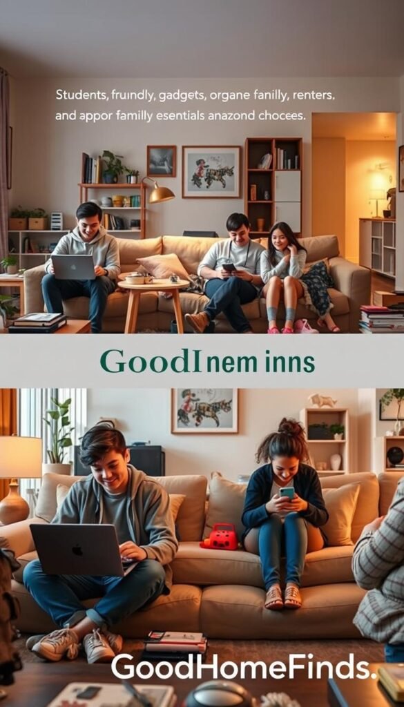 A cozy living room scene showcasing three distinct groups of people representing students, families, and renters, each engaging with different Amazon finds. In the foreground, a young student works on a laptop surrounded by budget-friendly gadgets and organization tools, dressed in casual attire. In the middle, a family of four, dressed in professional yet approachable outfits, lounges together on a stylish couch with affordable home essentials, while kids play with interactive toys nearby. In the background, a modern rental apartment highlights contemporary decor and practical storage solutions. Soft, warm lighting creates an inviting atmosphere, with a subtle focus on the products being used. The overall mood is cheerful and relatable, reflecting an ideal blend of lifestyle choices. Include the brand name "GoodHomeFinds" subtly within the scene's details, ensuring no text or logos are visible.