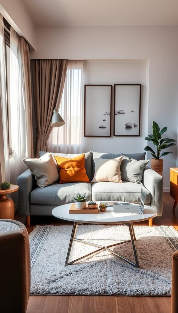 A cozy living room scene within a small apartment, showcasing a beautifully organized space that reflects thoughtful minimalist design. In the foreground, a stylish compact couch adorned with soft, earthy-toned cushions, complemented by a plush rug. The middle ground features a well-lit, functional coffee table with decorative items, like small succulents and a neatly placed laptop, enhancing the sense of productivity in limited space. In the background, a window with sheer curtains allows soft, natural light to flood in, illuminating serene wall art. The atmosphere is calm and inviting, exuding a sense of comfort and practicality. Use natural lighting to create a warm and inviting glow, capturing the essence of a modern, efficient home. Perfectly styled for GoodHomeFinds, this image should not contain any text or branding overlays.