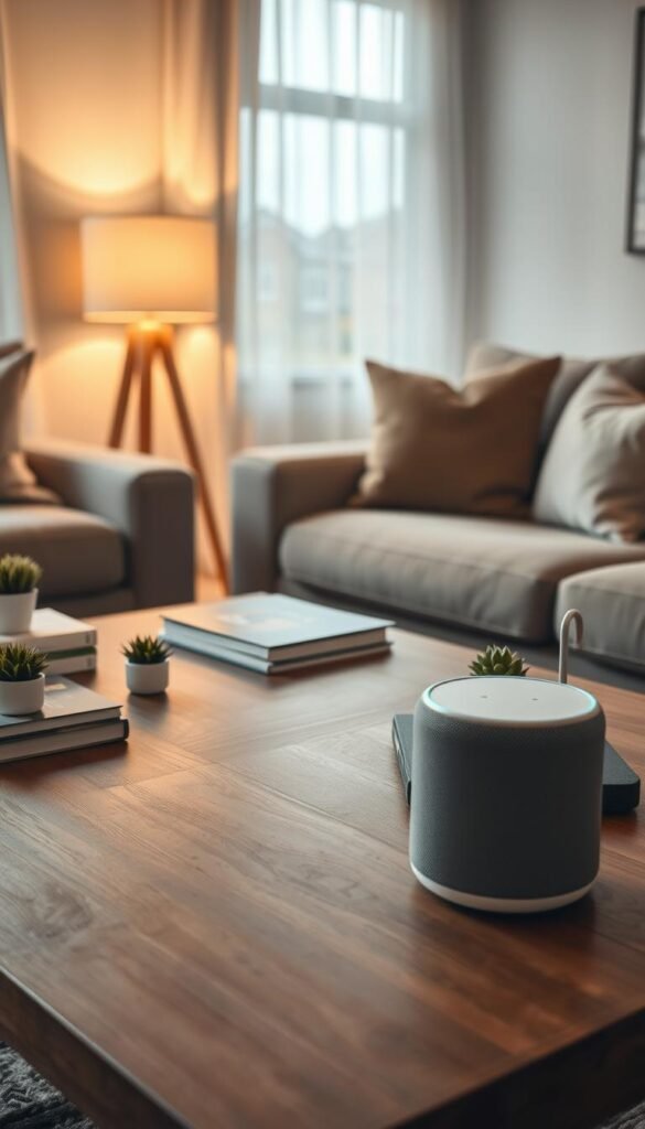 A cozy living room setting emphasizing a smart home assistant device, thoughtfully designed. In the foreground, showcase the sleek and modern smart home assistant sitting on a stylish wooden coffee table, surrounded by small potted plants and books. The middle ground features plush, inviting furniture with warm, soft lighting coming from a nearby lamp, creating a welcoming atmosphere. In the background, a window with sheer curtains allows natural light to filter through, highlighting a peaceful neighborhood outside. The overall mood should feel tech-savvy yet approachable, suggesting a blend of comfort and convenience. The image should reflect a lifestyle where technology integrates seamlessly into everyday life, capturing the essence of "GoodHomeFinds" without any text or logos.