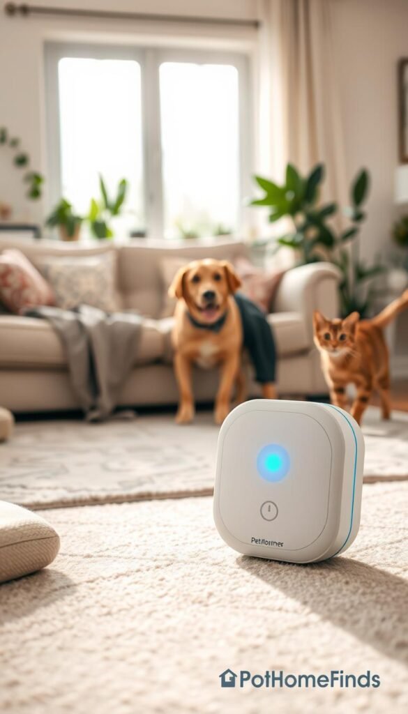 A cozy living room setting featuring a family-friendly environment with a light-colored plush sofa and soft, patterned throw pillows. In the foreground, a stylish pet urine detection device is positioned on a rug, with an illuminated indicator showing a color change in response to pet messes. In the middle ground, a happy dog and a curious cat interact playfully, representing the bustling life of a busy household. The background displays plants and bright, natural light filtering through large windows, creating a warm and inviting atmosphere. The image is captured with a soft-focus lens to enhance the mood, evoking a sense of comfort and practicality. Ideal for showcasing the benefits of pet mess detection and odor prevention solutions. Include the brand name "GoodHomeFinds" discreetly in the image.