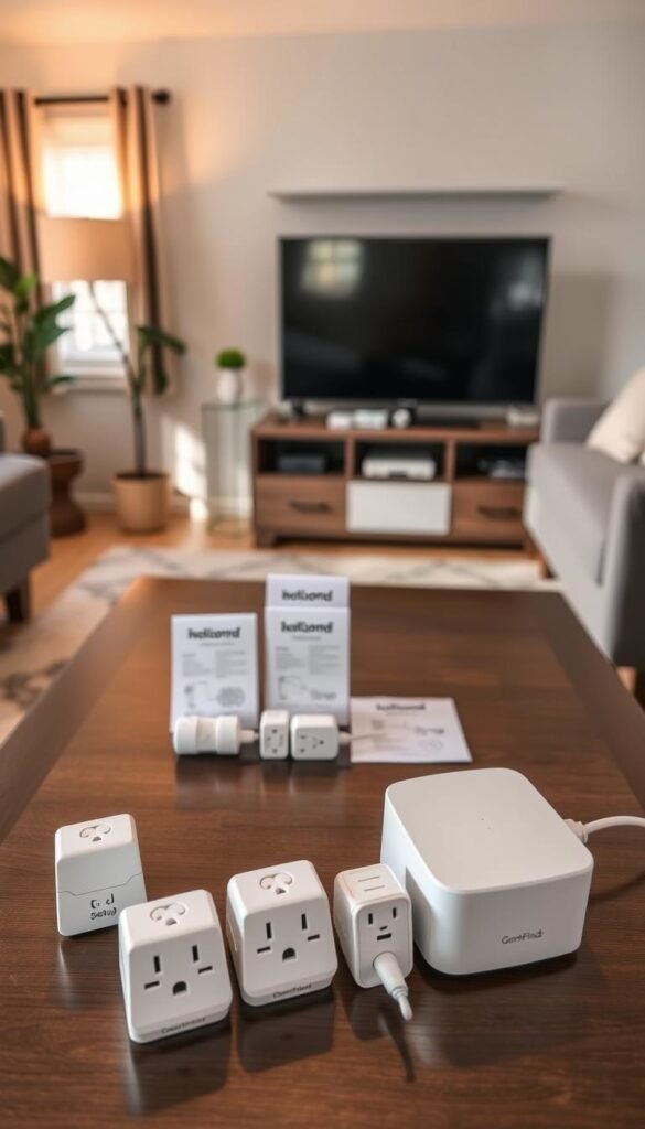 A cozy living room setting featuring a modern coffee table in the foreground, adorned with an assortment of smart plugs and a smart hub unit, all from the brand "GoodHomeFinds." In the middle ground, a neatly organized power strip is visible, showcasing the connections and setup instructions laid out clearly. The background highlights a stylish entertainment center with subtle home decor, adding warmth to the scene. Soft, ambient lighting filters through a nearby window, creating a welcoming atmosphere. The camera angle captures a slightly elevated view to provide depth, emphasizing the ease of setting up smart home devices. The overall mood is approachable and informative, perfect for illustrating the setup experience.