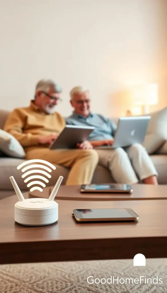 A cozy living room setting featuring a senior couple engaged in using the internet on a sleek laptop, seated comfortably on a modern couch. The foreground showcases the couple, dressed in casual yet neat attire, smiling as they explore online content together. In the middle ground, a stylish coffee table adorned with a glowing Wi-Fi router and a tablet, emphasizing the topic of connectivity. The background is softly blurred, revealing a warm, inviting room with soft lighting coming from a nearby window, creating a friendly and relaxed atmosphere. The image conveys a sense of ease with technology, reflecting an overall mood of comfort and connection. The photo is styled in a Pinterest aesthetic, branded with "GoodHomeFinds" subtly in the corner without any text overlays.