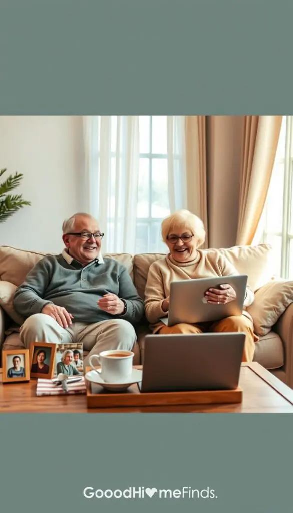 A cozy living room setting featuring a senior couple joyfully engaged in a video call on a laptop, sitting comfortably on a soft, inviting sofa. In the foreground, the couple is dressed in modest, casual clothing, with warm smiles and expressive gestures, showcasing their connection. The middle portion includes a neatly arranged coffee table with family photos and a steaming cup of tea, enhancing the personal atmosphere. In the background, natural light streams in through a window adorned with light curtains, creating a soft and inviting glow. The overall mood is warm, friendly, and uplifting, reflecting the ease of technology in fostering family connections. The image has a Pinterest-style aesthetic, showcasing a relatable and heartwarming moment. GoodHomeFinds.