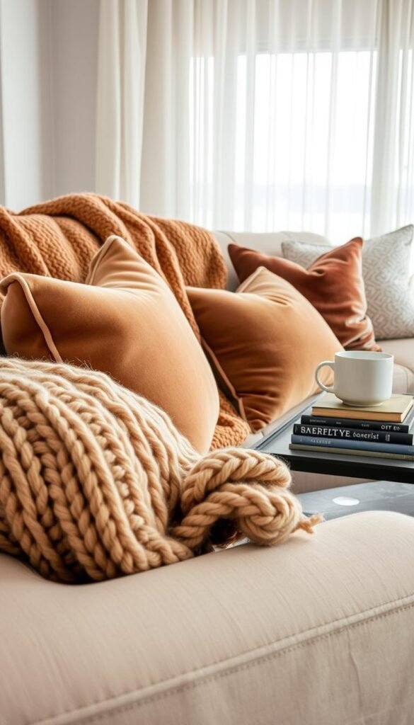 A cozy living room setting featuring a variety of soft throw textures, such as knitted blankets, woven throws, and plush cushions artfully draped over a modern sofa. The foreground captures the detail of a chunky knit throw in warm, neutral tones, alongside a velvet pillow with subtle sheen. In the middle ground, a stylish coffee table holds a stack of textured books and a decorative tray with a steaming mug. The background features a softly illuminated window with sheer curtains allowing natural light to filter in, enhancing the inviting atmosphere. The scene is shot from a slightly elevated angle to capture depth, conveying a warm, lived-in feel reminiscent of a Pinterest-style lifestyle photo. The overall mood is relaxed and welcoming, perfectly reflecting the essence of GoodHomeFinds.