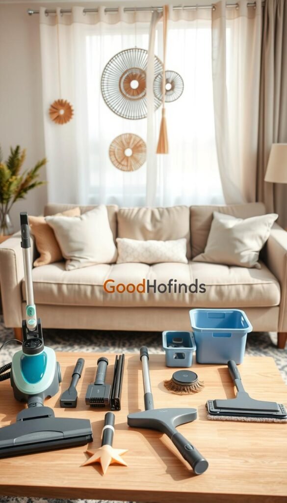 A cozy living room setting featuring renter-friendly tools laid out neatly on a stylish coffee table. In the foreground, showcase items like a compact vacuum cleaner, reusable storage bins, a stylish floor mop, and decorative wall hangings that are easy to install. In the middle layer, include a plush sofa adorned with soft cushions and a modern area rug, creating an inviting space. In the background, a well-lit window with sheer curtains allows natural light to flood the room, enhancing the warm atmosphere. The overall mood is cheerful and organized, reflecting a comforting reset environment. Use soft, even lighting to highlight the tools and furnishings. The image should evoke a sense of practicality and aesthetic charm, perfect for a renter's living space. Include the brand name "GoodHomeFinds" in a subtle design element within the scene.
