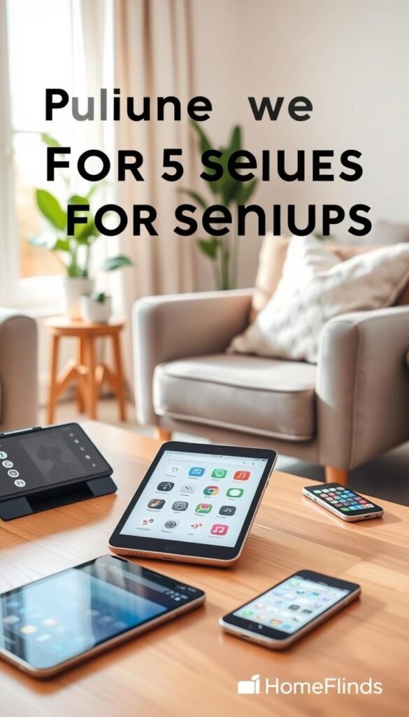 A cozy living room setting showcasing a selection of modern phones and tablets designed for seniors, with an emphasis on simplicity and user-friendliness. In the foreground, a stylish tablet rests on a hardwood coffee table, its screen displaying an easy-to-navigate interface. Beside it, a sleek smartphone lies open, revealing large, clear icons. In the middle ground, a comfortable armchair invites seniors to sit, with soft natural lighting streaming in through a nearby window, creating a warm and inviting atmosphere. Light, neutral color tones dominate the decor, featuring plush cushions and a potted plant in the background. The overall mood conveys comfort and accessibility, ideal for seniors looking for tech that simplifies their daily lives. The image should embody a Pinterest-style lifestyle photo with no text or logos, featuring elements of the brand "GoodHomeFinds".