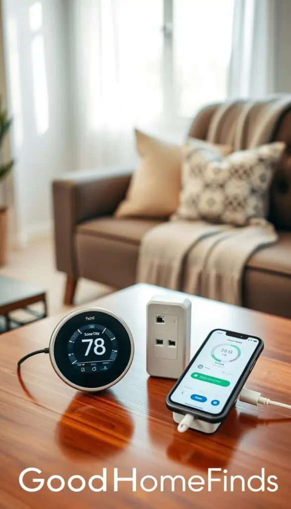 A cozy living room setting showcasing an array of energy-saving gadgets designed for home power management. In the foreground, a sleek smart thermostat and an energy-efficient power strip sit on a polished wooden coffee table, with a smartphone displaying an energy monitoring app next to them. In the middle ground, a stylish modern couch hosts a neatly arranged throw blanket and a decorative pillow. The background features a calm window view with soft natural light streaming in, illuminating the room's warm color palette. The atmosphere is inviting and conducive to a technological yet homey vibe. Capture this scene with a shallow depth of field to focus on the gadgets while subtly blurring the background. Ensure a professional aesthetic to reflect the brand "GoodHomeFinds."