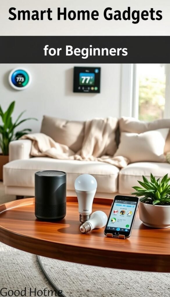 A cozy living room setup showcasing various smart home gadgets for beginners. In the foreground, a stylish coffee table displays a smart speaker, a sleek smart bulb, and a smartphone connected to a smart home app, all in a well-lit environment. In the middle, a plush sofa with a soft throw blanket, flanked by potted plants, emphasizes comfort and modern living. The background features a smart thermostat on the wall and a large window with natural light pouring in, enhancing the atmosphere of ease and innovation. Use soft, warm lighting to create an inviting mood, emphasizing the homey yet futuristic vibe. The scene is captured from a slightly elevated angle, providing a comprehensive view of the setup. This lifestyle image is branded with "GoodHomeFinds."