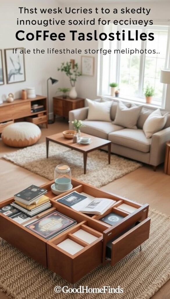 A cozy living room showcasing innovative coffee table storage solutions designed to reduce clutter. In the foreground, a stylish coffee table with multiple drawers and compartments holds books, magazines, and decorative items, all organized neatly. The middle ground features a plush area rug and a comfortable sofa, with soft cushions arranged artfully. In the background, a well-lit window allows natural light to illuminate the space, creating a warm and inviting atmosphere. The colors are soft and neutral, emphasizing a minimalist aesthetic. The scene is styled like a Pinterest lifestyle photo, evoking a sense of simplicity and elegance. Capture the essence of "GoodHomeFinds" with realistic details that inspire functional design in small spaces.