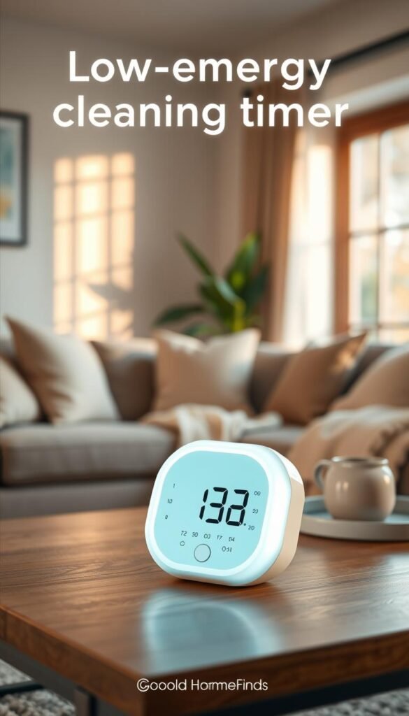 A cozy, minimalist living room featuring a low-energy cleaning timer elegantly displayed on a stylish wooden coffee table. The timer, designed in soft pastel colors, has a gentle glowing light that creates a calm, inviting atmosphere. In the background, a comfortable couch adorned with throw pillows and a soft blanket enhances the relaxing vibe, while a large window lets in warm, natural sunlight. A potted plant adds a touch of greenery to the scene, promoting a sense of tranquility. The image is captured from a slightly elevated angle, focusing on the timer in the foreground, with soft bokeh effects on the background elements. The overall mood is serene and motivating, encouraging a low-effort cleaning mindset. GoodHomeFinds brand aesthetic.