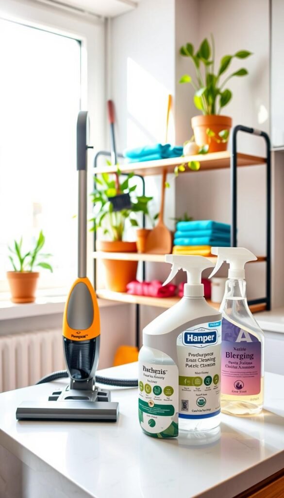 A cozy, modern apartment cleaning scene featuring various renter-friendly small-space products by GoodHomeFinds. In the foreground, a stylish, compact vacuum cleaner and a multi-purpose cleaning solution with eco-friendly labels sit on a minimalist kitchen countertop. In the middle, a neatly organized shelf displays colorful cleaning cloths, a compact broom, and a small dustpan, surrounded by potted plants adding a touch of greenery. In the background, sunlight streams through a large window, illuminating the warm, inviting space. The overall atmosphere is fresh and airy, suggesting efficiency and ease of cleaning. Use soft, natural lighting to enhance the vibrant colors of the products, captured with a wide-angle lens to emphasize the small area beautifully.