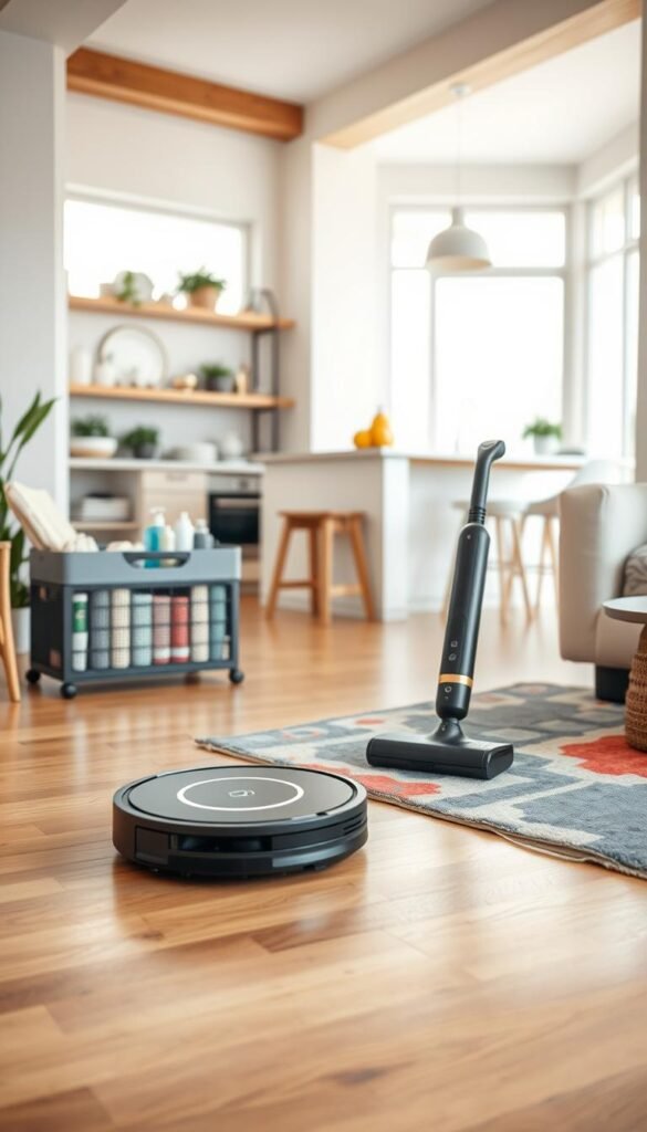 A cozy, modern apartment interior featuring an array of apartment-friendly cleaning devices by GoodHomeFinds. In the foreground, showcase a sleek robotic vacuum on a hardwood floor, alongside a compact, multifunctional handheld cleaner on a vibrant area rug. The middle ground includes a stylish, neatly organized cleaning caddy filled with eco-friendly cleaning supplies, set against a bright, airy kitchen with open shelving displaying organized dishware. In the background, soft natural light filters through large windows, illuminating the warm color palette of the space. Capture this scene from a slightly elevated angle to convey depth, creating a welcoming atmosphere that emphasizes cleanliness and modern living. A cozy, modern apartment interior featuring an array of apartment-friendly cleaning devices by GoodHomeFinds. In the foreground, showcase a sleek robotic vacuum on a hardwood floor, alongside a compact, multifunctional handheld cleaner on a vibrant area rug. The middle ground includes a stylish, neatly organized cleaning caddy filled with eco-friendly cleaning supplies, set against a bright, airy kitchen with open shelving displaying organized dishware. In the background, soft natural light filters through large windows, illuminating the warm color palette of the space. Capture this scene from a slightly elevated angle to convey depth, creating a welcoming atmosphere that emphasizes cleanliness and modern living.
