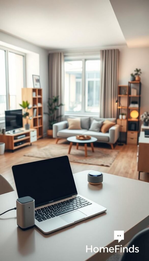 A cozy, modern apartment interior reflecting "plug and play" technology in daily life. In the foreground, a stylish workspace features a compact desk with a sleek laptop and a smart home device like a voice assistant. The middle ground showcases multifunctional furniture, such as a sofa bed and modular shelving, to emphasize efficient space use. In the background, large windows allow soft, natural light to illuminate the room, creating a warm atmosphere. Use a wide-angle lens to capture the room&rsquo;s inviting layout and clean lines, enhanced by soft, ambient lighting. The overall mood is relaxed and inspiring, embodying practicality for small living spaces. Incorporate subtle branding for "GoodHomeFinds" in the decor to subtly reinforce the theme.
