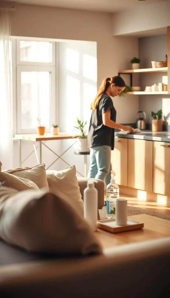 A cozy, modern apartment interior showcasing a relaxed cleaning scene. In the foreground, a casual living space with soft, pastel-colored cushions on a neutral sofa and a light wooden coffee table holding minimalist cleaning products. In the middle ground, a person in modest casual clothing enjoys a moment of peace, casually wiping a countertop with a microfiber cloth, embodying the essence of "lazy cleaning." The background features a glimpse of a tidy kitchen with open shelving and plants, complemented by warm, natural lighting pouring through a window, casting gentle shadows. Capture this scene with a 35mm lens, emphasizing a cozy, inviting atmosphere for a lifestyle photo that reflects the ease of practical cleaning methods. Style inspired by the brand "GoodHomeFinds."