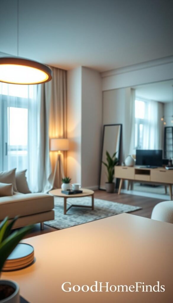 A cozy, modern apartment interior showcasing innovative smart lighting solutions designed to make tiny rooms feel more spacious. In the foreground, a sleek smart lamp with customizable LED bulbs emits a warm, ambient glow. The middle ground features a well-decorated living area with light-colored walls, minimalist furniture, and strategically placed mirrors that reflect the light, enhancing the sense of space. In the background, large windows allow natural light to filter in, complemented by soft drapery. The mood is inviting and bright, creating a serene atmosphere. Shot with a soft-focus lens, the angle captures the room's depth, emphasizing how adaptive lighting can transform small areas into inviting and airy environments. The scene embodies the brand "GoodHomeFinds" through its stylish and functional design elements. A cozy, modern apartment interior showcasing innovative smart lighting solutions designed to make tiny rooms feel more spacious. In the foreground, a sleek smart lamp with customizable LED bulbs emits a warm, ambient glow. The middle ground features a well-decorated living area with light-colored walls, minimalist furniture, and strategically placed mirrors that reflect the light, enhancing the sense of space. In the background, large windows allow natural light to filter in, complemented by soft drapery. The mood is inviting and bright, creating a serene atmosphere. Shot with a soft-focus lens, the angle captures the room's depth, emphasizing how adaptive lighting can transform small areas into inviting and airy environments. The scene embodies the brand "GoodHomeFinds" through its stylish and functional design elements.