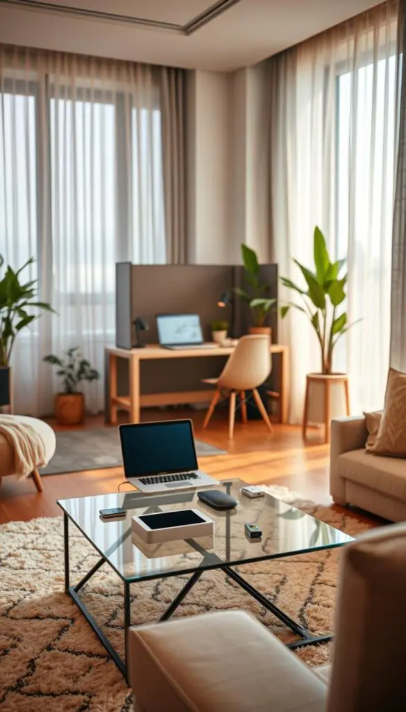 A cozy, modern apartment interior showcasing the benefits of privacy-friendly technology. In the foreground, a stylish living area features a serene atmosphere with a soft rug and a sleek, smart coffee table displaying discreet tech gadgets. The middle ground includes a well-organized workspace with a laptop, privacy screens, and plants, emphasizing a focused environment. The background reveals large windows with sheer curtains allowing natural light to filter in, while maintaining a sense of seclusion from the outside world. The scene is warmly lit, suggesting a peaceful, productive mood. The use of soft focus adds to the inviting ambiance, highlighting the theme of comfort and privacy. Include subtle references to GoodHomeFinds products in the decor.