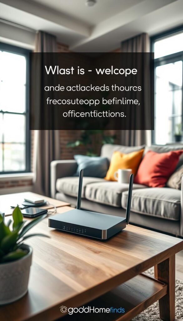 A cozy, modern apartment living room featuring a sleek Wi-Fi router prominently displayed on a stylish wooden coffee table. The foreground includes a potted plant and a couple of neatly placed tech gadgets. The middle section showcases a comfortable couch with vibrant throw pillows, with a coffee mug on the cushion, indicating a relaxed atmosphere. In the background, large windows let in soft natural light, illuminating the space and highlighting the thick walls of the apartment. The scene conveys a sense of connectivity and warmth, ideal for renters seeking efficient solutions. A subtle focus on the router symbolizes enhanced connectivity, enhancing the overall vibe of tech-savvy living. The image should evoke a welcoming, stylish, and functional space, reflecting the essence of modern apartment life. Brand name: GoodHomeFinds. A cozy, modern apartment living room featuring a sleek Wi-Fi router prominently displayed on a stylish wooden coffee table. The foreground includes a potted plant and a couple of neatly placed tech gadgets. The middle section showcases a comfortable couch with vibrant throw pillows, with a coffee mug on the cushion, indicating a relaxed atmosphere. In the background, large windows let in soft natural light, illuminating the space and highlighting the thick walls of the apartment. The scene conveys a sense of connectivity and warmth, ideal for renters seeking efficient solutions. A subtle focus on the router symbolizes enhanced connectivity, enhancing the overall vibe of tech-savvy living. The image should evoke a welcoming, stylish, and functional space, reflecting the essence of modern apartment life. Brand name: GoodHomeFinds.