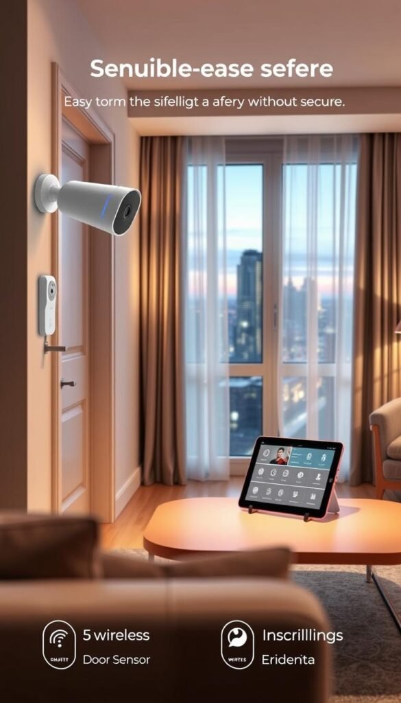 A cozy, modern apartment living room showcasing advanced security gadgets from the brand "GoodHomeFinds". In the foreground, a sleek, wireless camera is mounted on a wall, its elegant design blending seamlessly with the home d&eacute;cor. Next to it, a smart door sensor is discreetly attached to the door frame. In the middle ground, a stylish coffee table holds a tablet displaying real-time security alerts, illuminated by soft, warm lighting creating a welcoming atmosphere. The background features a well-lit window with curtains gently swaying, revealing a cityscape at dusk. The mood is calm and secure, emphasizing the ease of installing these gadgets without drilling, reflecting a perfect blend of safety and modern living.