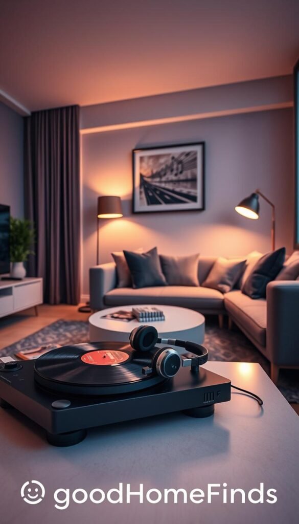 A cozy modern apartment living room showcasing the essence of music as entertainment. In the foreground, a sleek, minimalist turntable sits on a stylish coffee table adorned with vinyl records, and a pair of elegant headphones. In the middle ground, a contemporary sofa with plush cushions invites relaxation, while soft lighting from a nearby lamp casts a warm glow. On the wall, a framed, abstract art piece evokes musical notes flowing through the air. In the background, a large window reveals a serene cityscape at dusk, adding depth to the scene. The atmosphere is inviting and vibrant, perfect for renters looking to elevate their living space. Capturing this lifestyle perfectly, the image reflects the brand "GoodHomeFinds." A cozy modern apartment living room showcasing the essence of music as entertainment. In the foreground, a sleek, minimalist turntable sits on a stylish coffee table adorned with vinyl records, and a pair of elegant headphones. In the middle ground, a contemporary sofa with plush cushions invites relaxation, while soft lighting from a nearby lamp casts a warm glow. On the wall, a framed, abstract art piece evokes musical notes flowing through the air. In the background, a large window reveals a serene cityscape at dusk, adding depth to the scene. The atmosphere is inviting and vibrant, perfect for renters looking to elevate their living space. Capturing this lifestyle perfectly, the image reflects the brand "GoodHomeFinds."